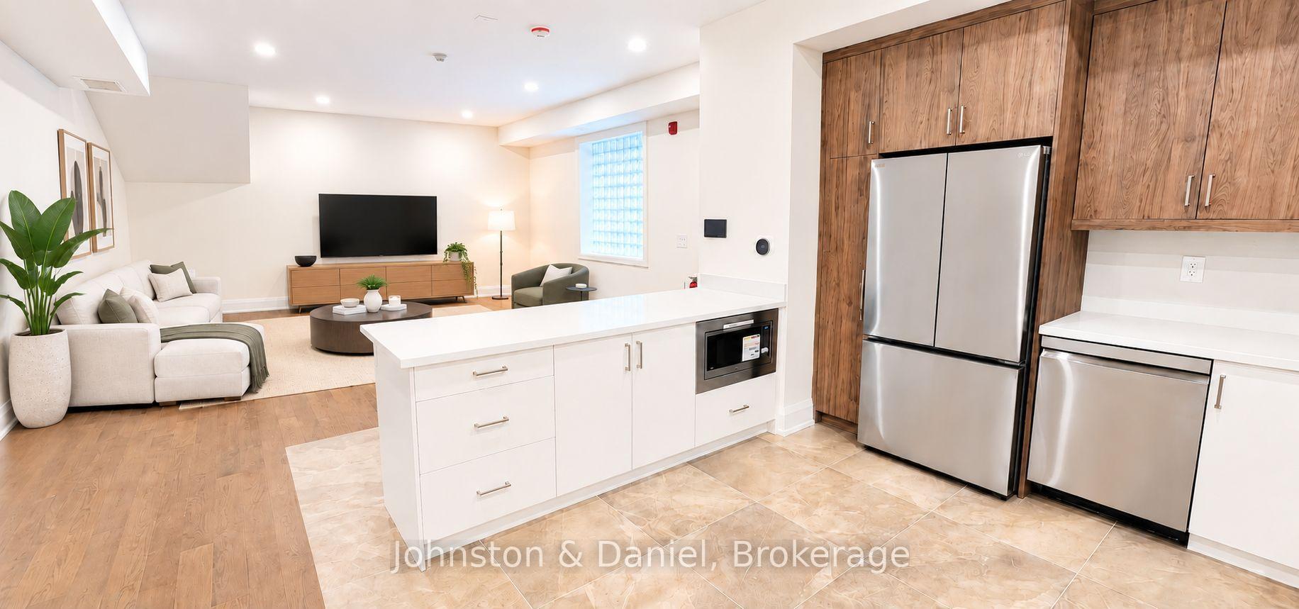 Virtually staged family room from kitchen