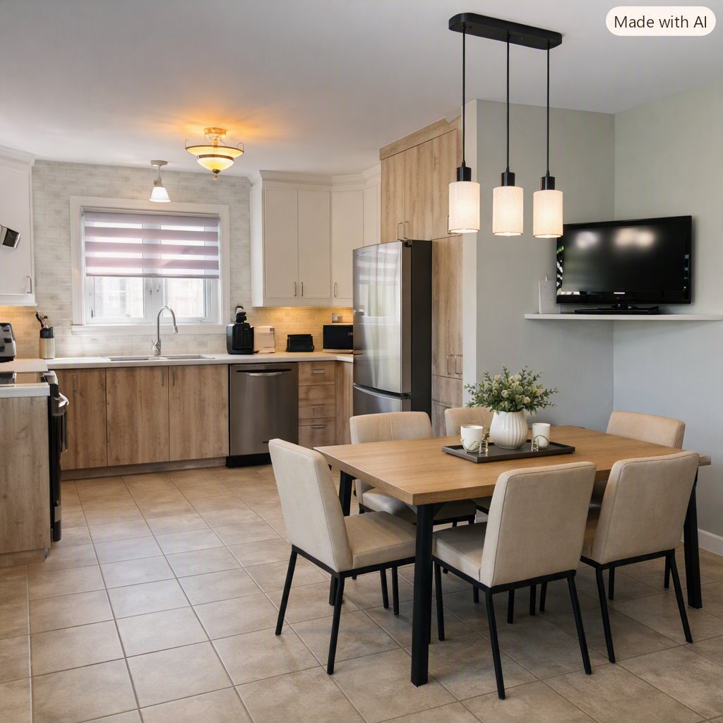 set de cuisine et luminaire mis avec intelligence